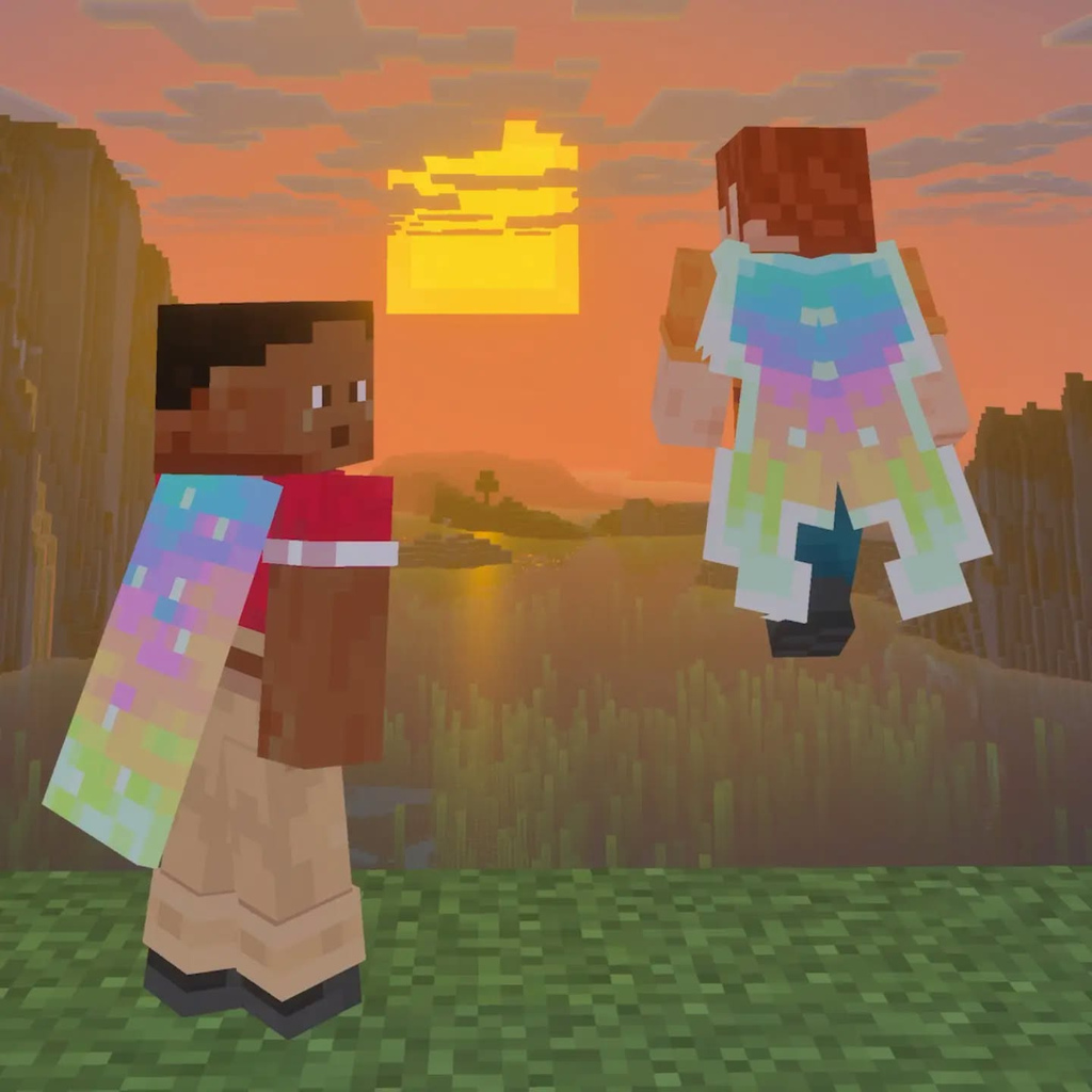 Aurora Cape and matching pastel elytra shown at sunset