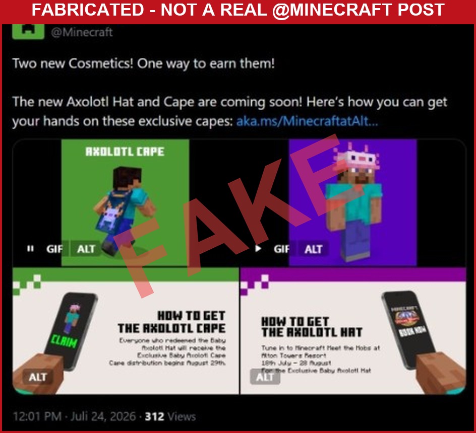 Fabricated screenshot of a fake deleted @Minecraft post claiming to announce an Axolotl Cape for Alton Towers - marked FAKE