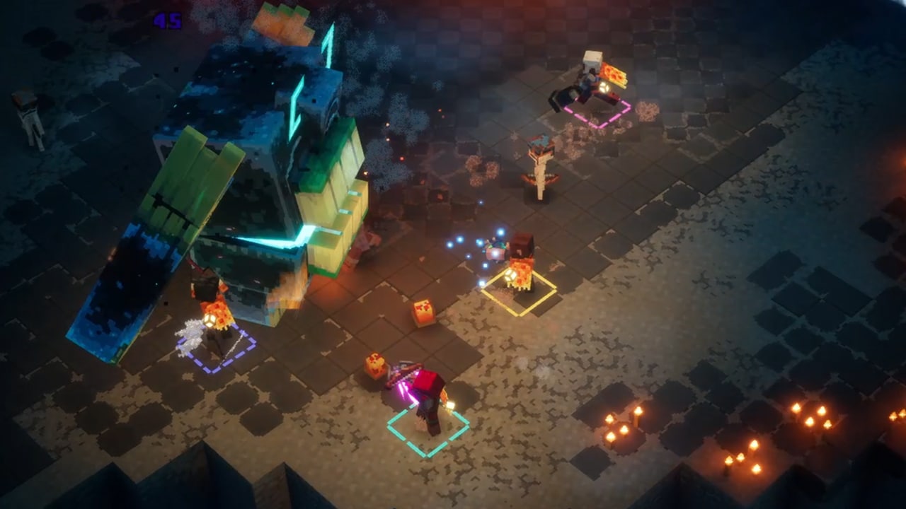 Four Minecraft Dungeons II heroes in Domino’s cosmetics fighting the Twisted Warden, seen from the top-down Dungeons camera