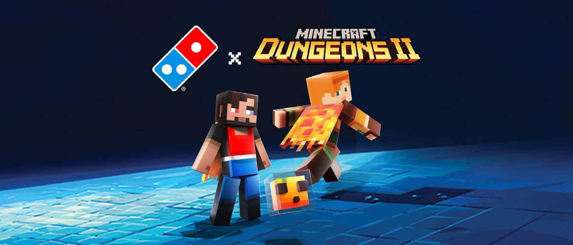 Official Domino’s x Minecraft Dungeons II key art with the Domino’s Skin, the Slice Slayer Cape and the Cheesy Cube Pet