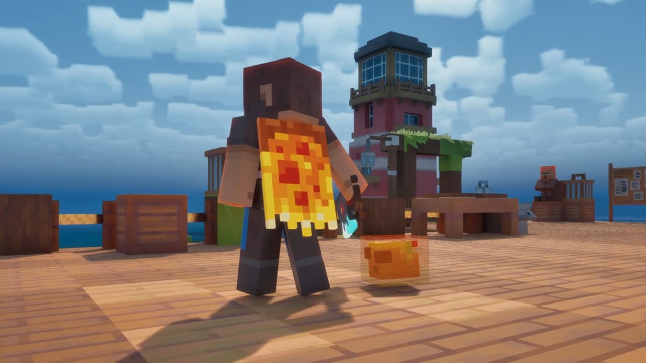 A Minecraft Dungeons II player on a pier wearing the Slice Slayer Cape, with a Cheesy Cube Pet beside them