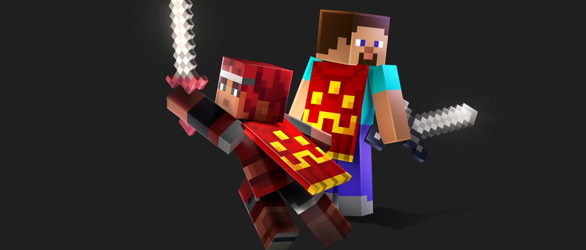 Official Minecraft key art: Steve and Alex wearing the Hero Cape from Minecraft Dungeons II