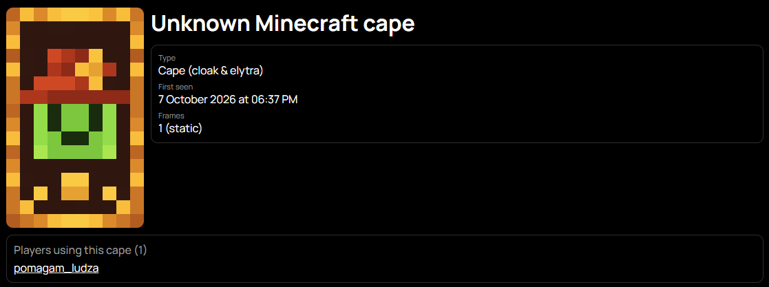 Screenshot of the namet.ag record for the unknown Minecraft cape