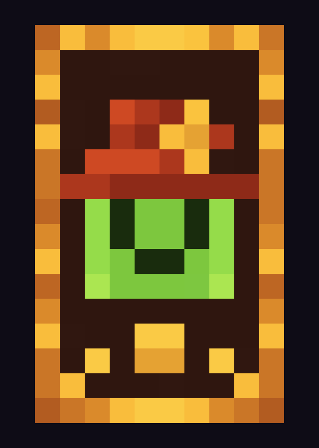 Front texture of the Halloween witch cape: a green witch face with a red hat on a dark brown background
