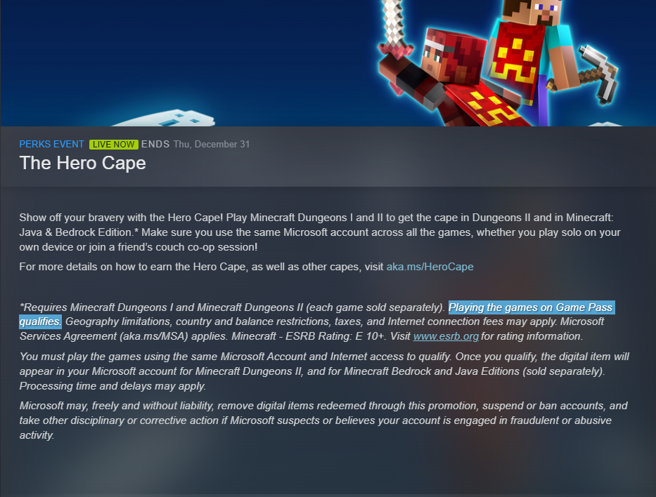 Tangkapan layar berita Steam untuk Hero Cape, yang menunjukkan Game Pass memenuhi syarat dalam ketentuan resmi